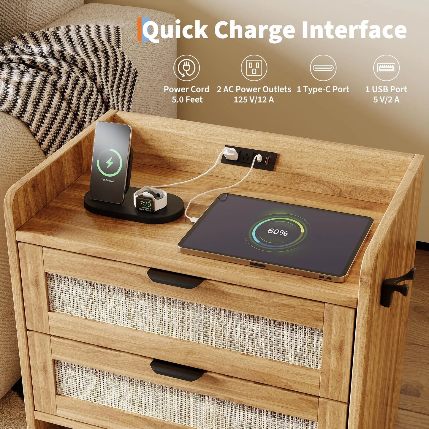 Modern Rattan Nightstand Set Of 2 With Charging Station & Drawers, Bedside Table With Usb/Type-C Ports, Storage Side Table