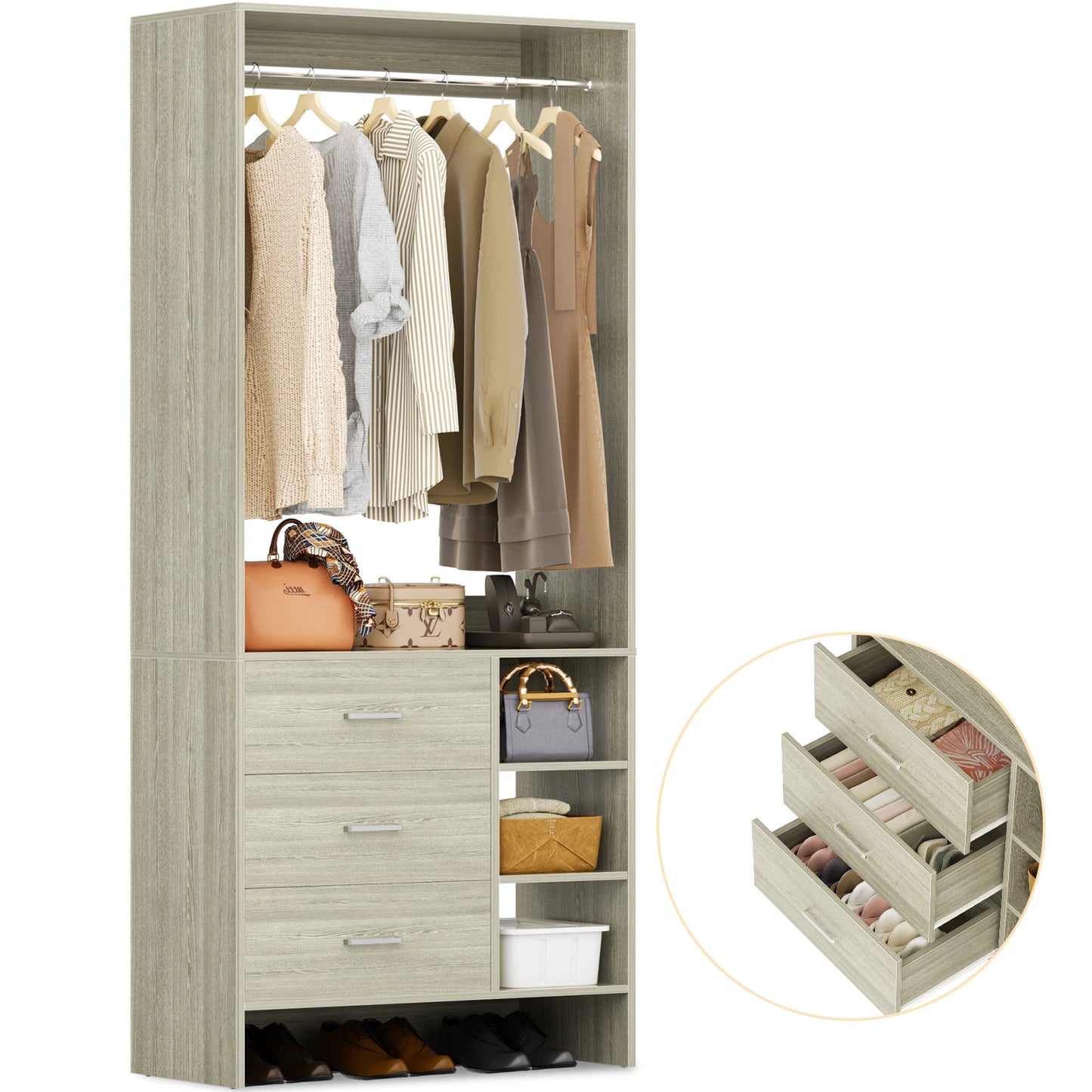 Aheaplus 2.5FT Wood Closet Organizer System with 3 Drawers 29.5'' Walk-in Or Small Closet Wardrobe with Clothes Rack And Hanging Rods