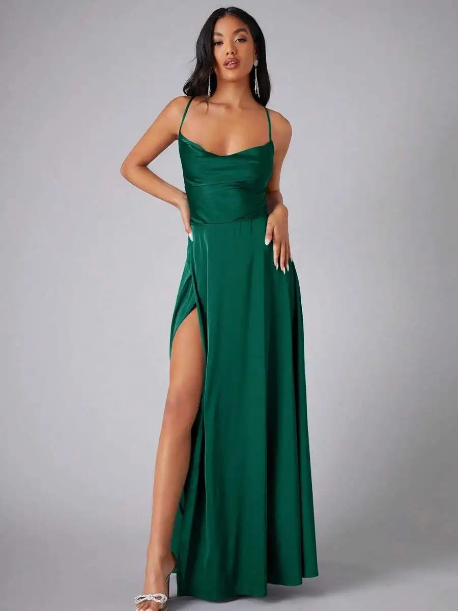 Satin Spaghetti Strap Prom Dress With High Slit And Draping