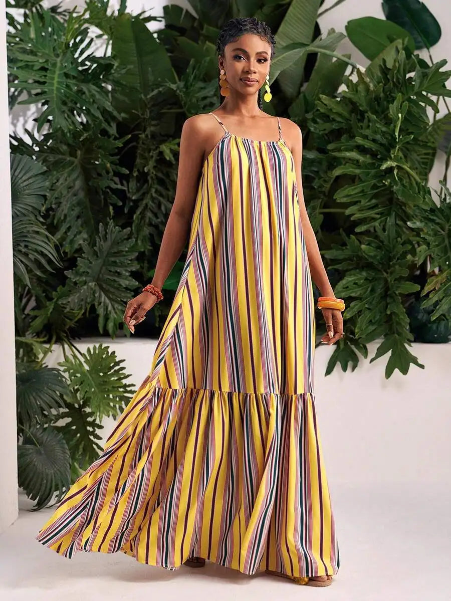 Summer Striped Spaghetti Strap Maxi Dress A-Line Casual Beach Vacation