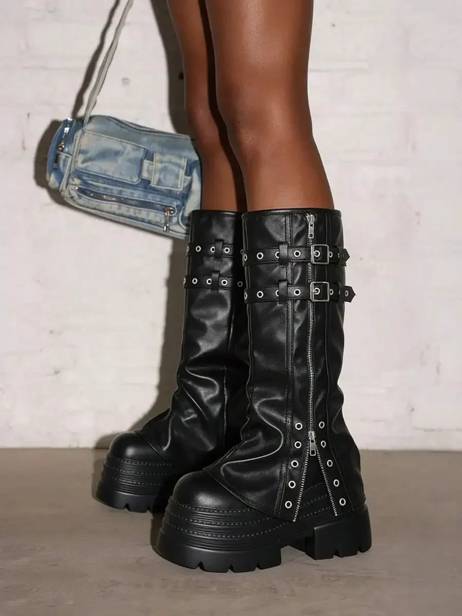 Goth Punk Knee High Platform Boots With Buckle Strap Ruched Slouchy Motorcycle Style