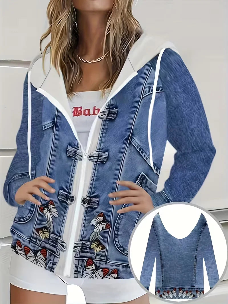 Plus size women's butterfly embroidery print hooded faux denim jacket; horn button patchwork sweatshirt with faux denim sleeves jacket