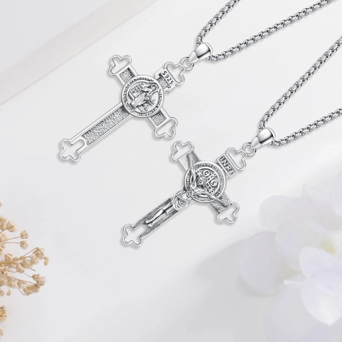 DRINSPER Sterling Silver Saint Benedict Crucifix Protection Necklace
