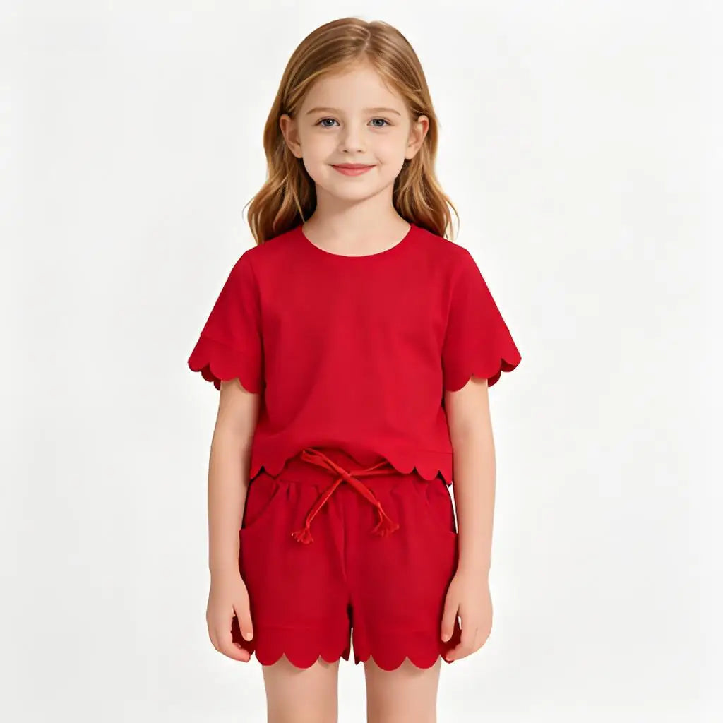 Cotton Clothes Sets for Sibling Baby Girls with Short Sleeve Top Pockets And Scallop Shorts