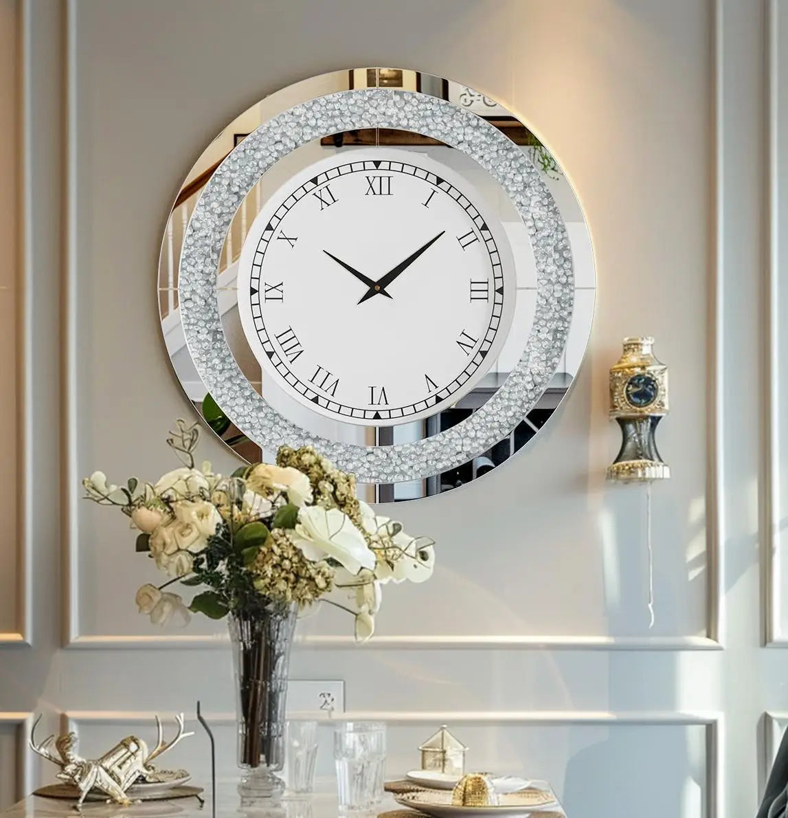 Bling Silver Round Mirror Wall Clock For Home Decor