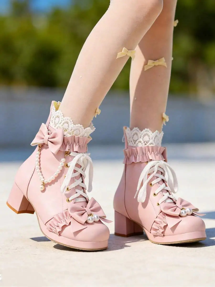 Women Pink Kawaii Lolita Boots Chunky Mid Heel Ankle Lace Up With Bow Pearl Ruffle Platform