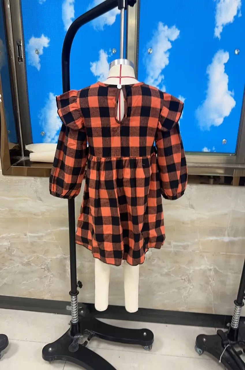 Pudcoco Toddler Girl Halloween Plaid Long Sleeve Dress