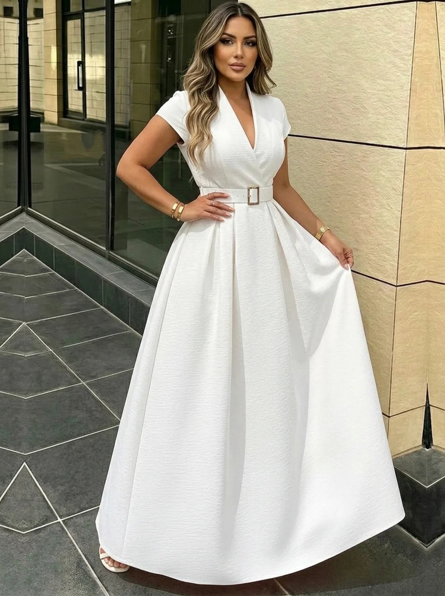 Classy Style Women Summer Lapel Short Sleeve Wrap Belted Pleated Swing Maxi Gown Dress
