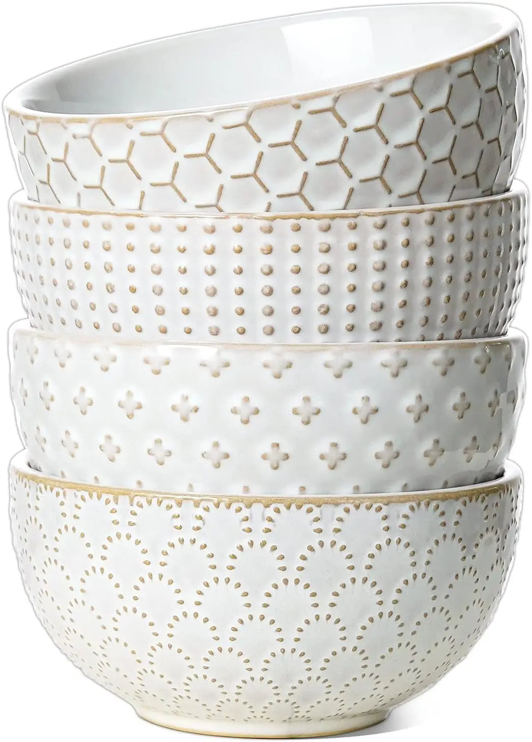 4.5 Inch Ceramic Embossed Stoneware Bowls Set of 4, Arctic White for Dessert Fruits Side Dishes Housewarming