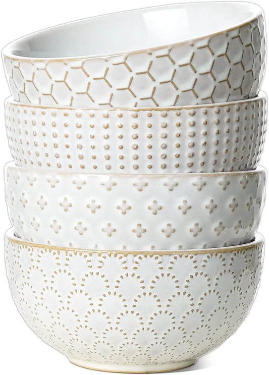 4.5 Inch Ceramic Embossed Stoneware Bowls Set of 4, Arctic White for Dessert Fruits Side Dishes Housewarming