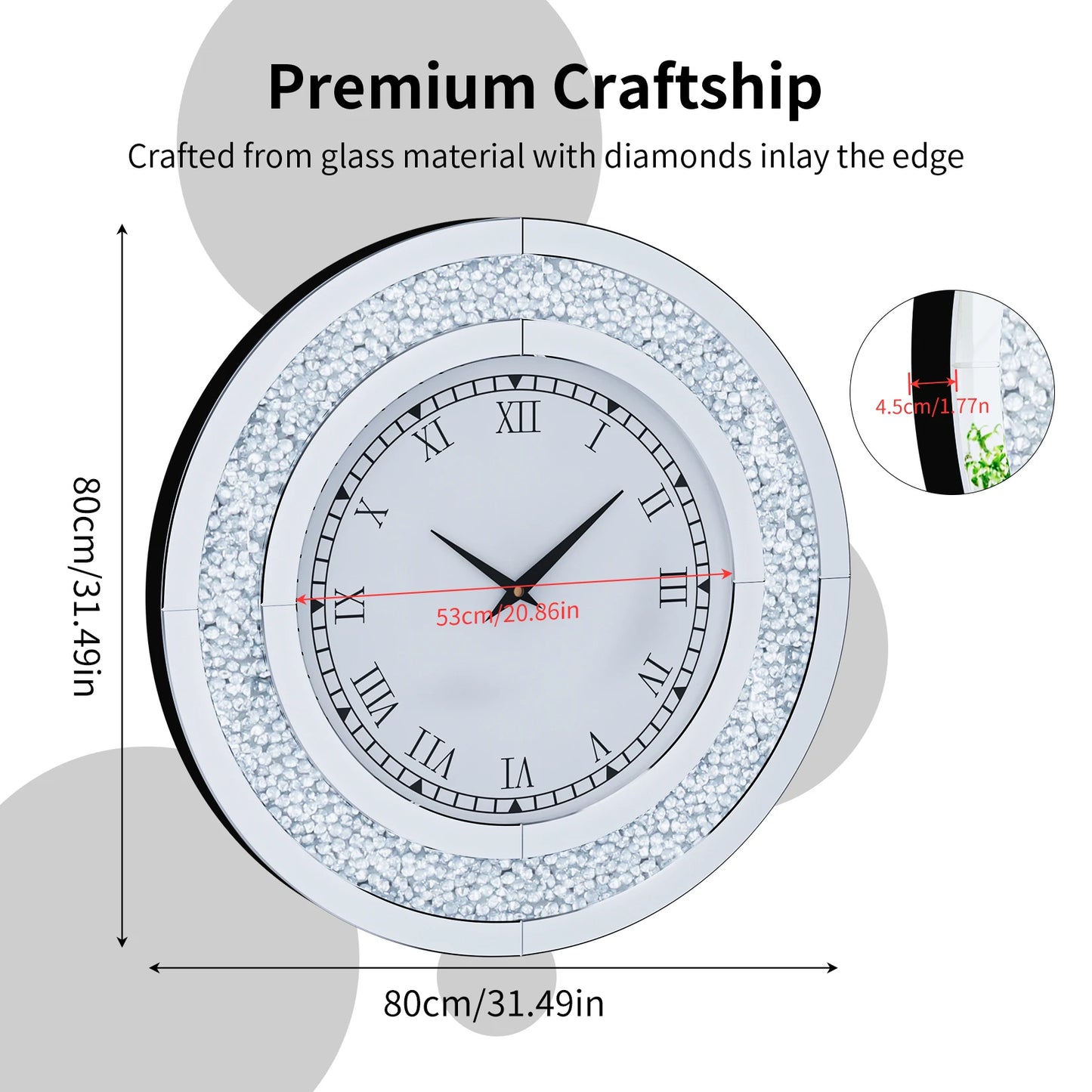 Bling Silver Round Mirror Wall Clock For Home Decor