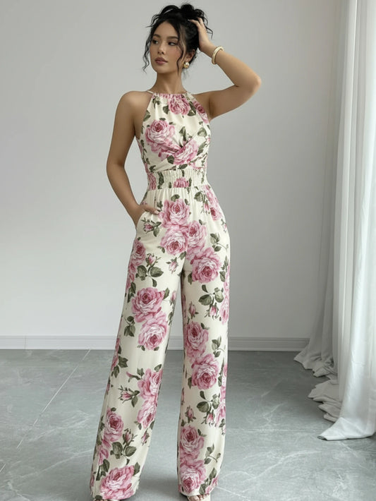 Women Halter Wrap Front Printed Wide Leg Jumpsuit For Casual Streetwear Vacation And Daily Occasion