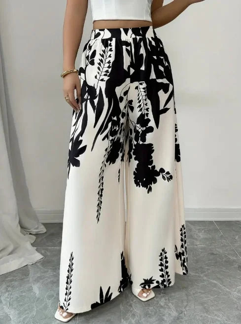Womens High Waist Satin Palazzo Pants With Floral Design