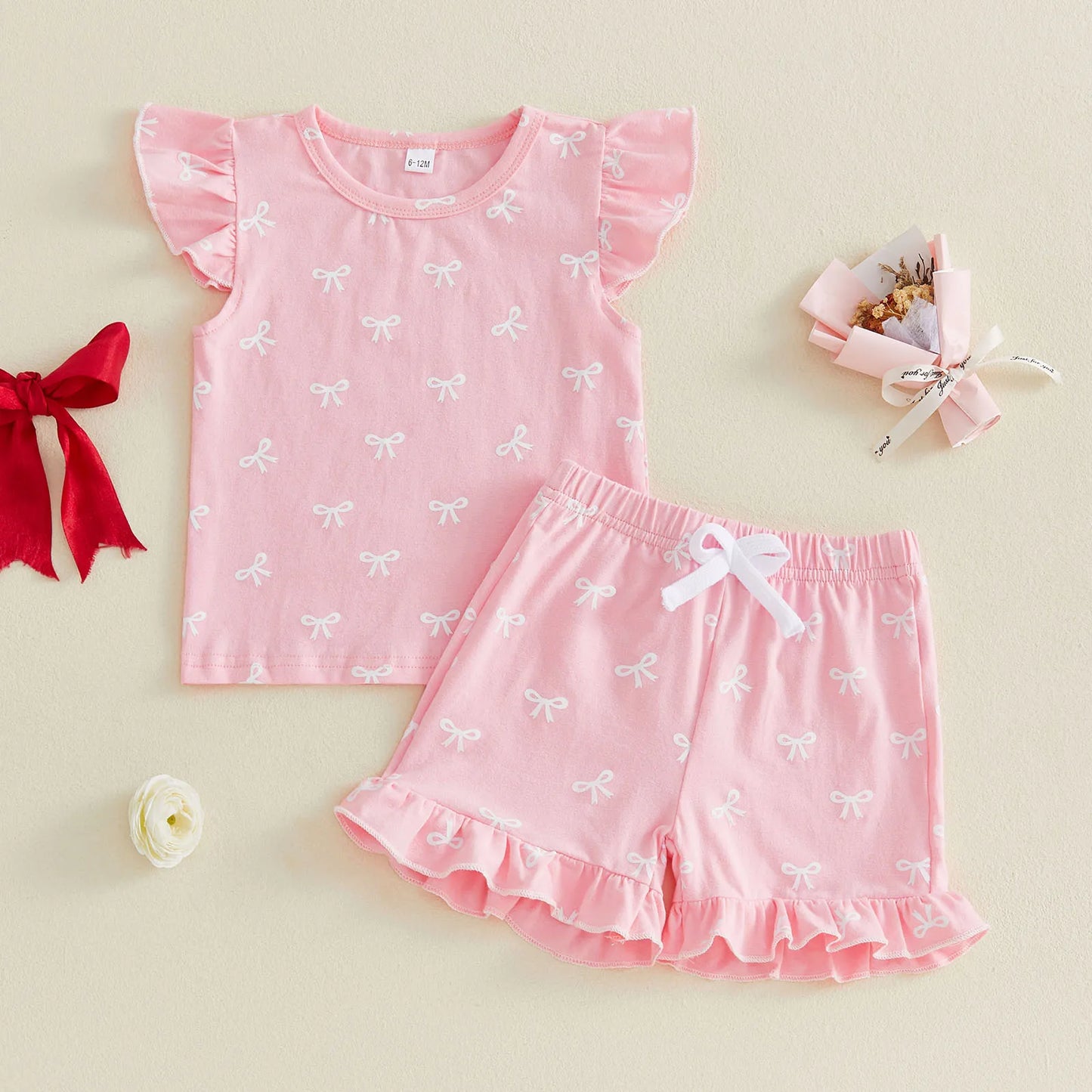 Adorable Infant Girl s Summer Ensemble with Bow Print Frilly Crew Neck Top and Matching Shorts - 2 Piece Set