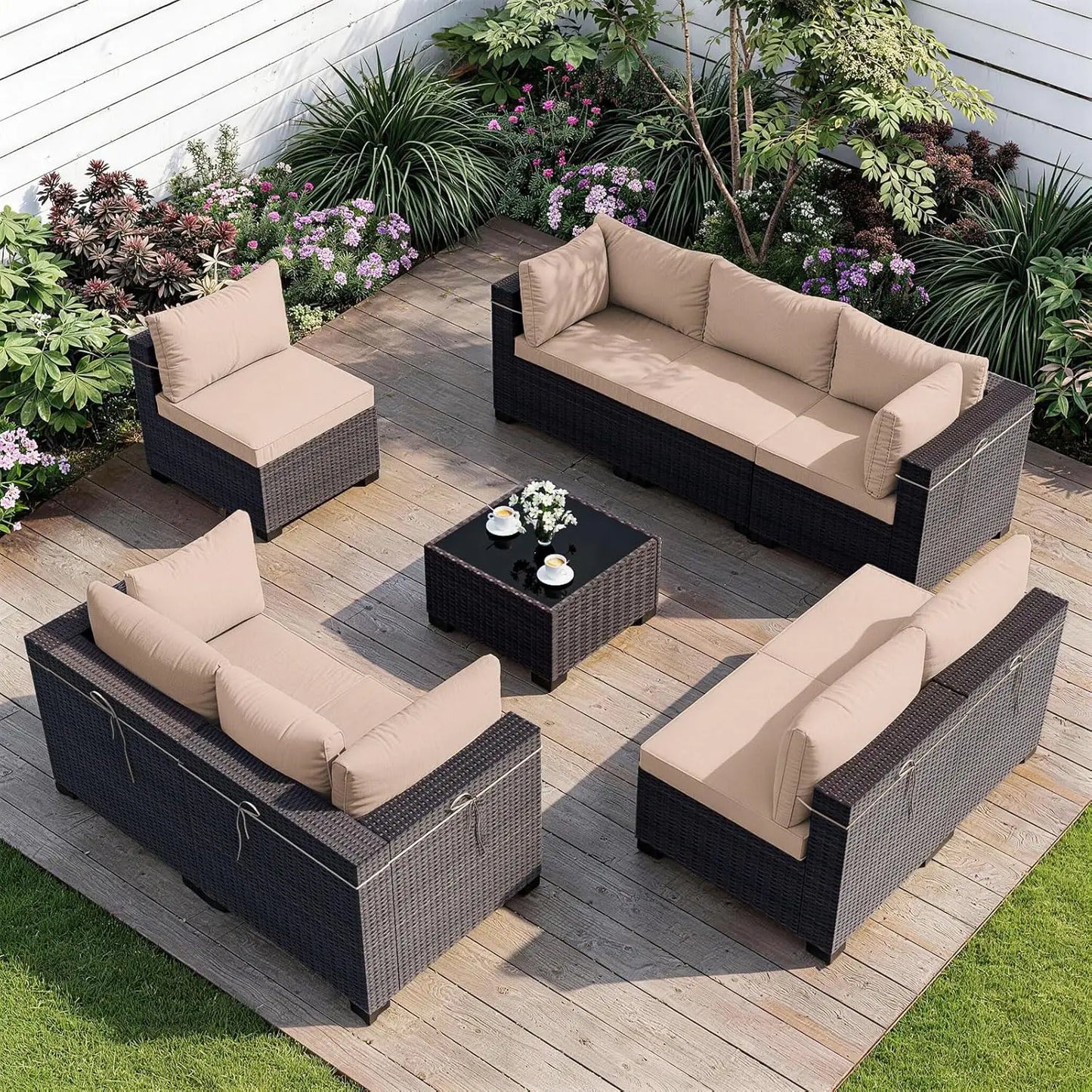 Patio Furniture Set with Coffee Table, 9 Pieces Outdoor Sectional with Wide Seat and Thick Cushion, All Weather, Customized