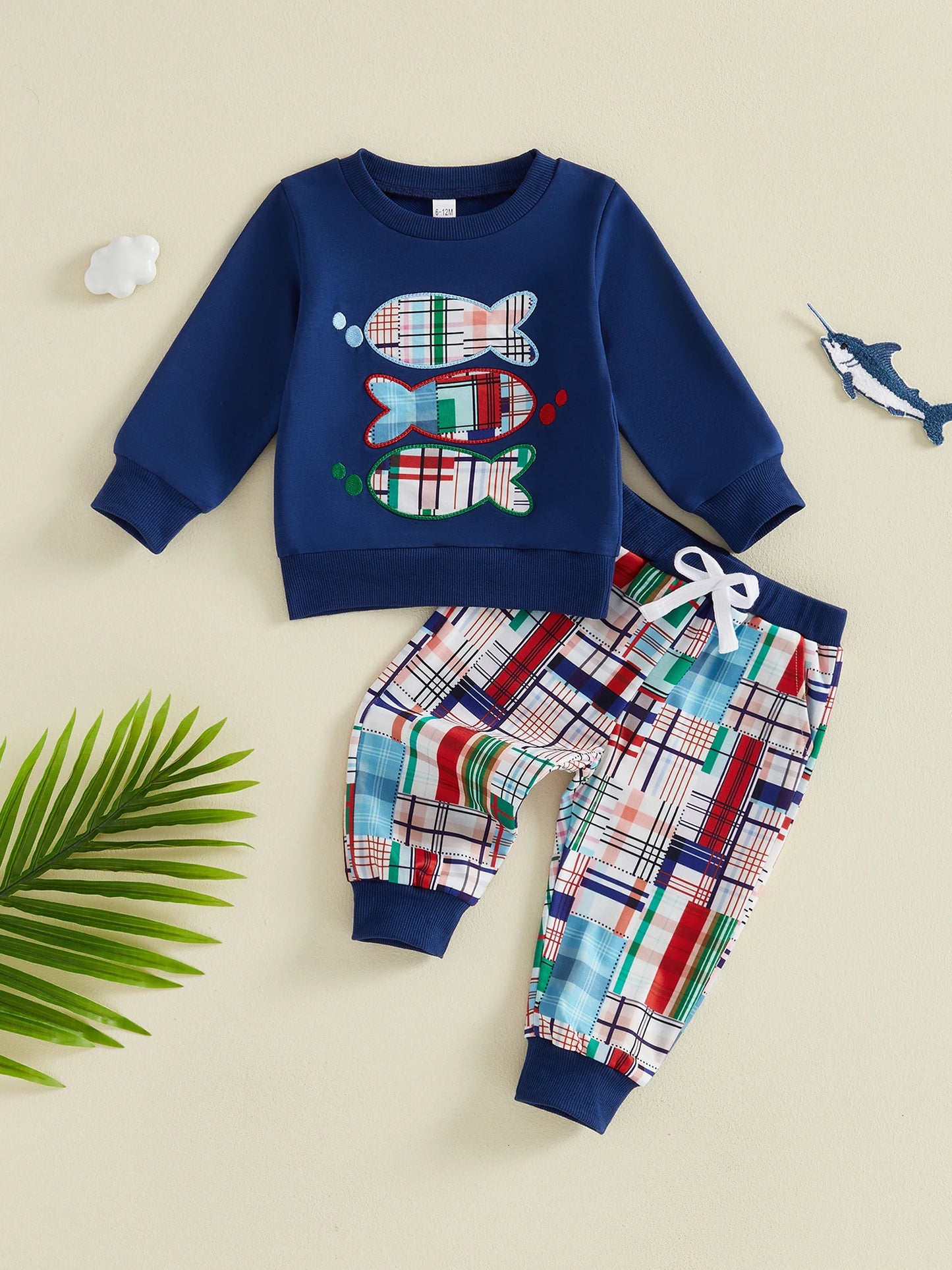 Girls Two Piece Plaid Pants Set With Embroidered Sleeve Sweatshirt