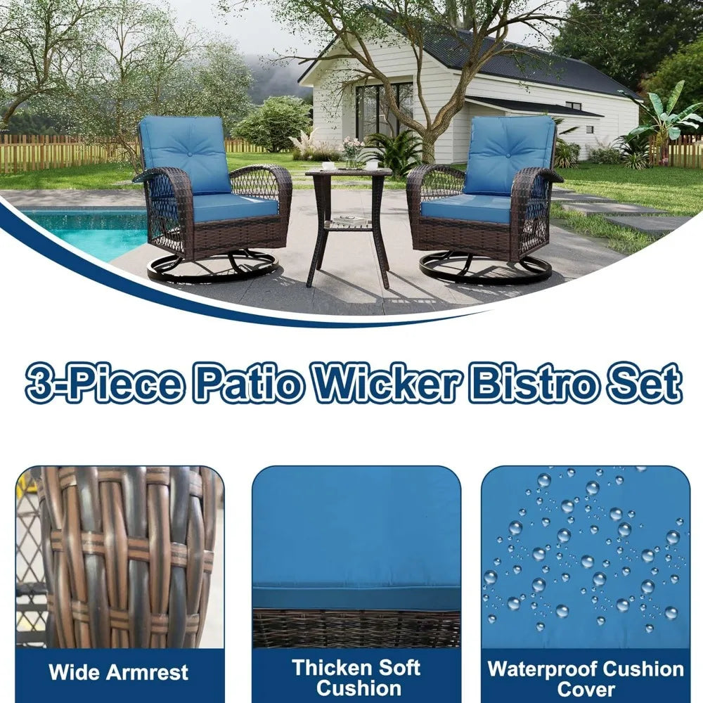 3 Piece Outdoor Swivel Chairs, Wicker Patio Bistro Set with Thickened Cushions and Side Table, Patio Swivel Rocking Chairs for P