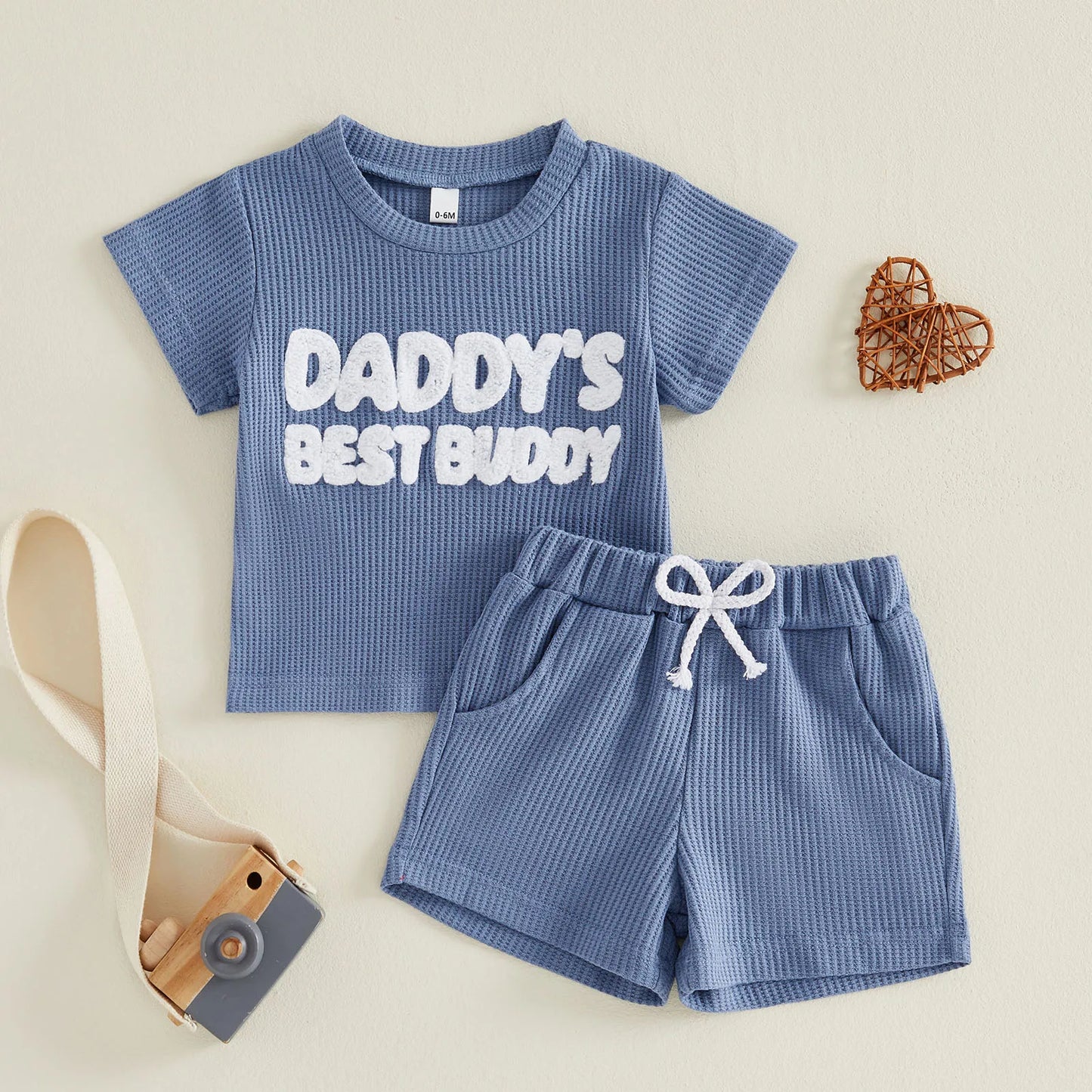 Infant Boy s Stylish Summer Ensemble with Embroidered Letters Crew Neck Short Sleeves and Matching Shorts - 2 Piece Set