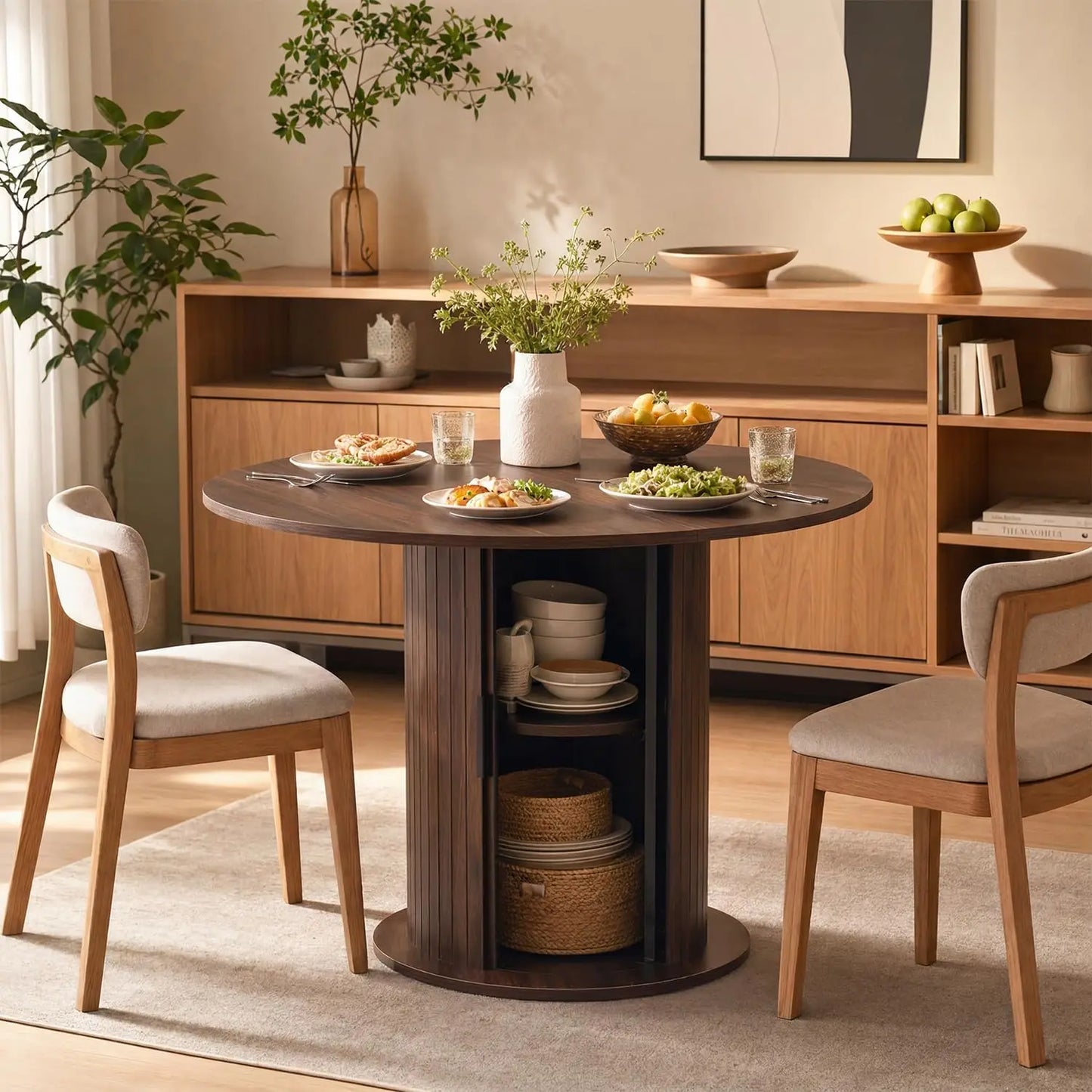 31.5in Round Dining Table For 2-4, Space Saving Kitchen Table With Center Storage, Farmhouse Wood Table For Homes & Dining Rooms