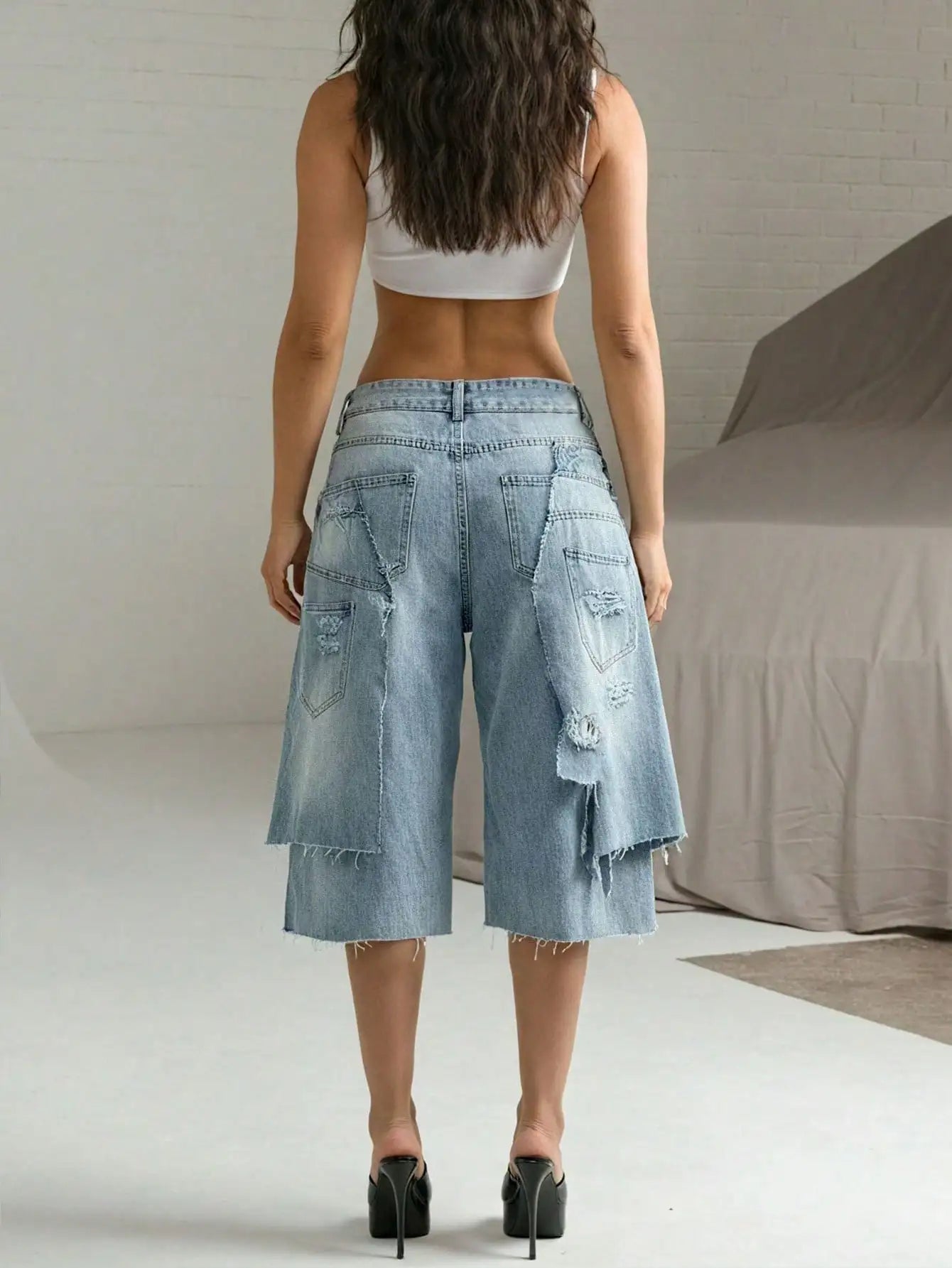 GLOURI Denim Bermuda Shorts With Double Waistband Pockets