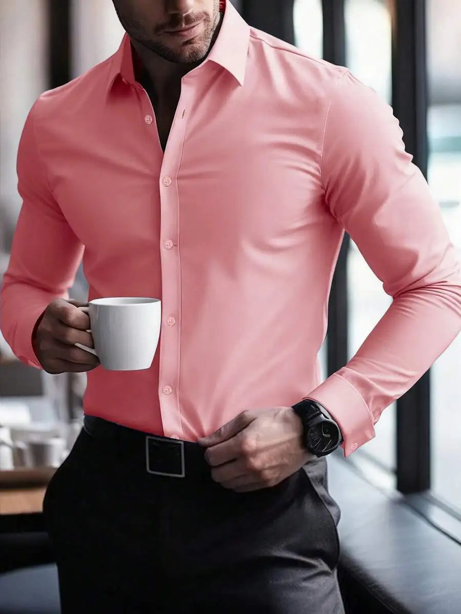 Mens Solid Color Long Sleeve Button Up Shirt Stand Collar