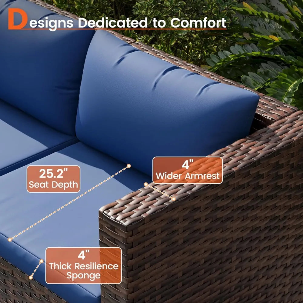 Patio Furniture Set, 7-Piece Outdoor Sectional Rattan Sofa Set with Coffee Table (Navy Blue Cushions with Brown, Customized