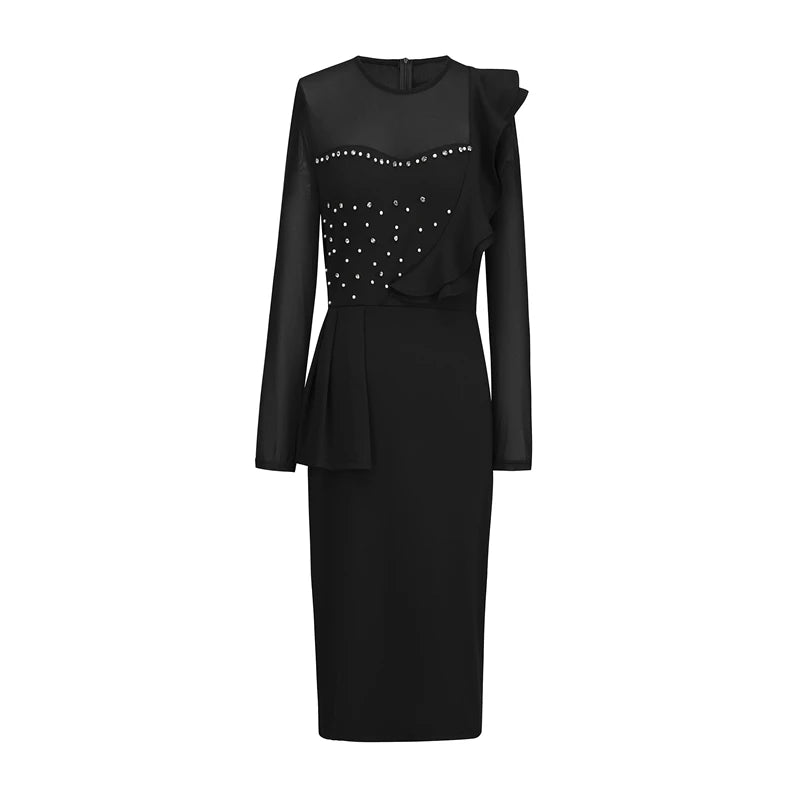 2026 Fashion Beaded Dress Mesh Long-Sleeved Stretch Slim-Fit Ruffled Hip Skirt Dating All-Match Elegant Women's Clothing