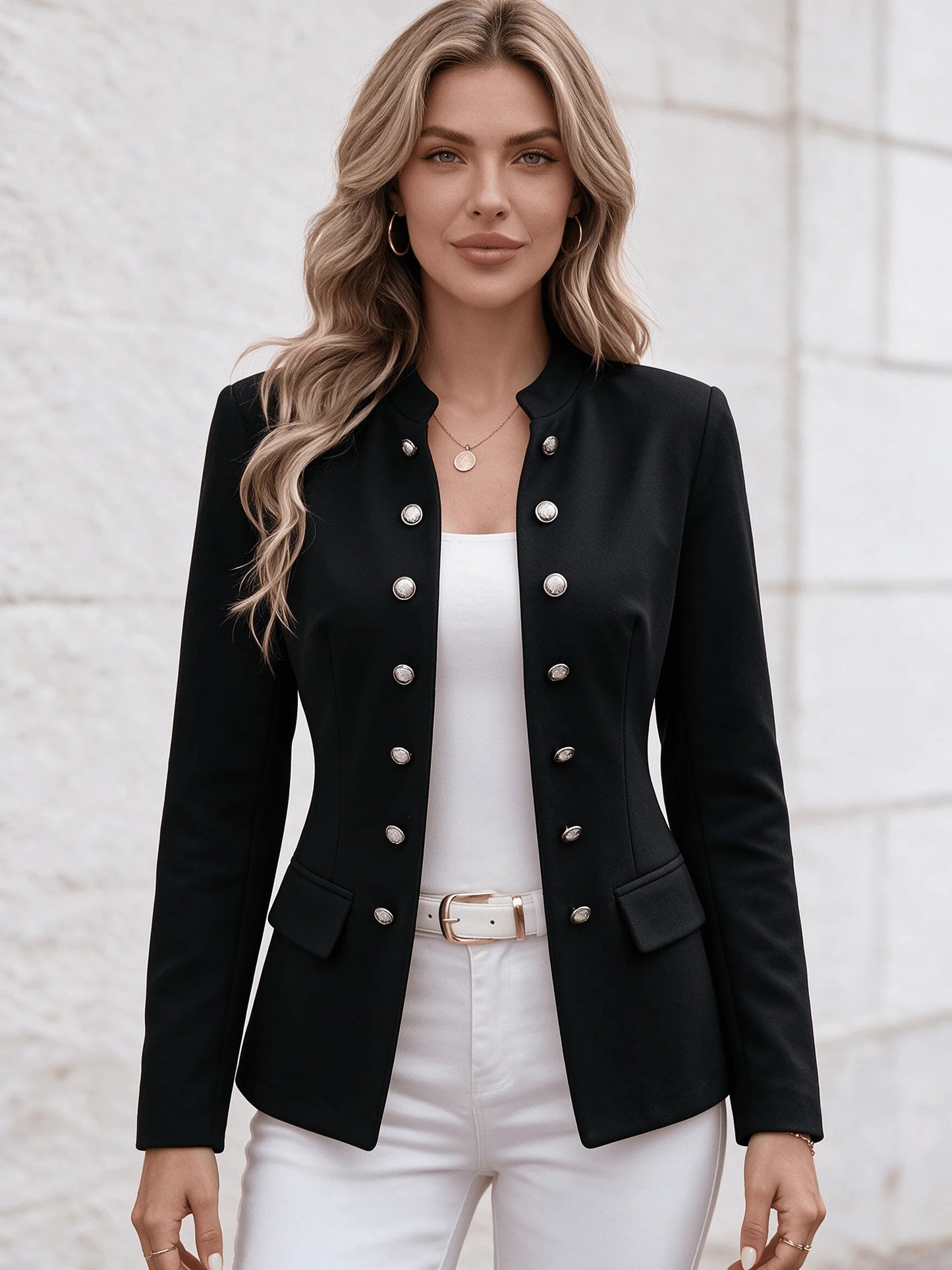 Women Stand Collar Blazer Jacket Elegant Double‑Row Silver Button Long Sleeve Slim Fit Office Business Casual Outerwear for Daily Work