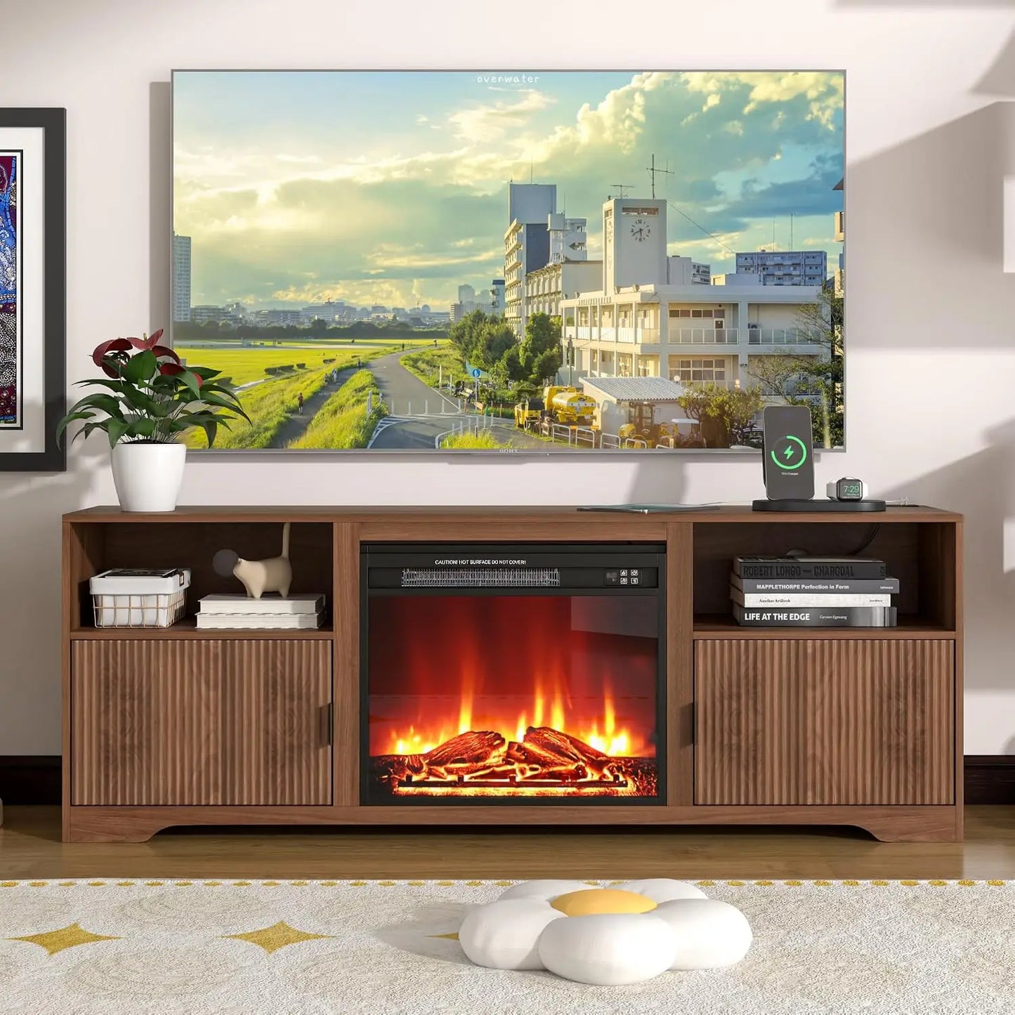 Fluted Mid Century Wood TV Stand Adjustable Shelves Fits 80in TVs, Customized