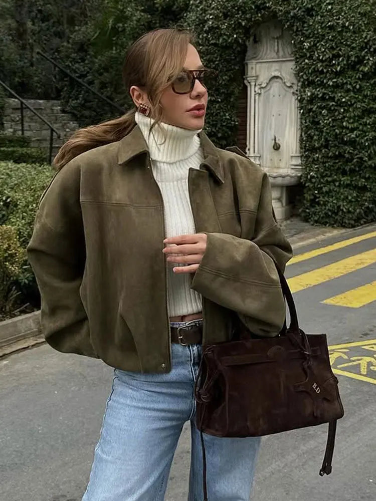 CN Jiangsu Women Suede Bomber Jacket With Zipper