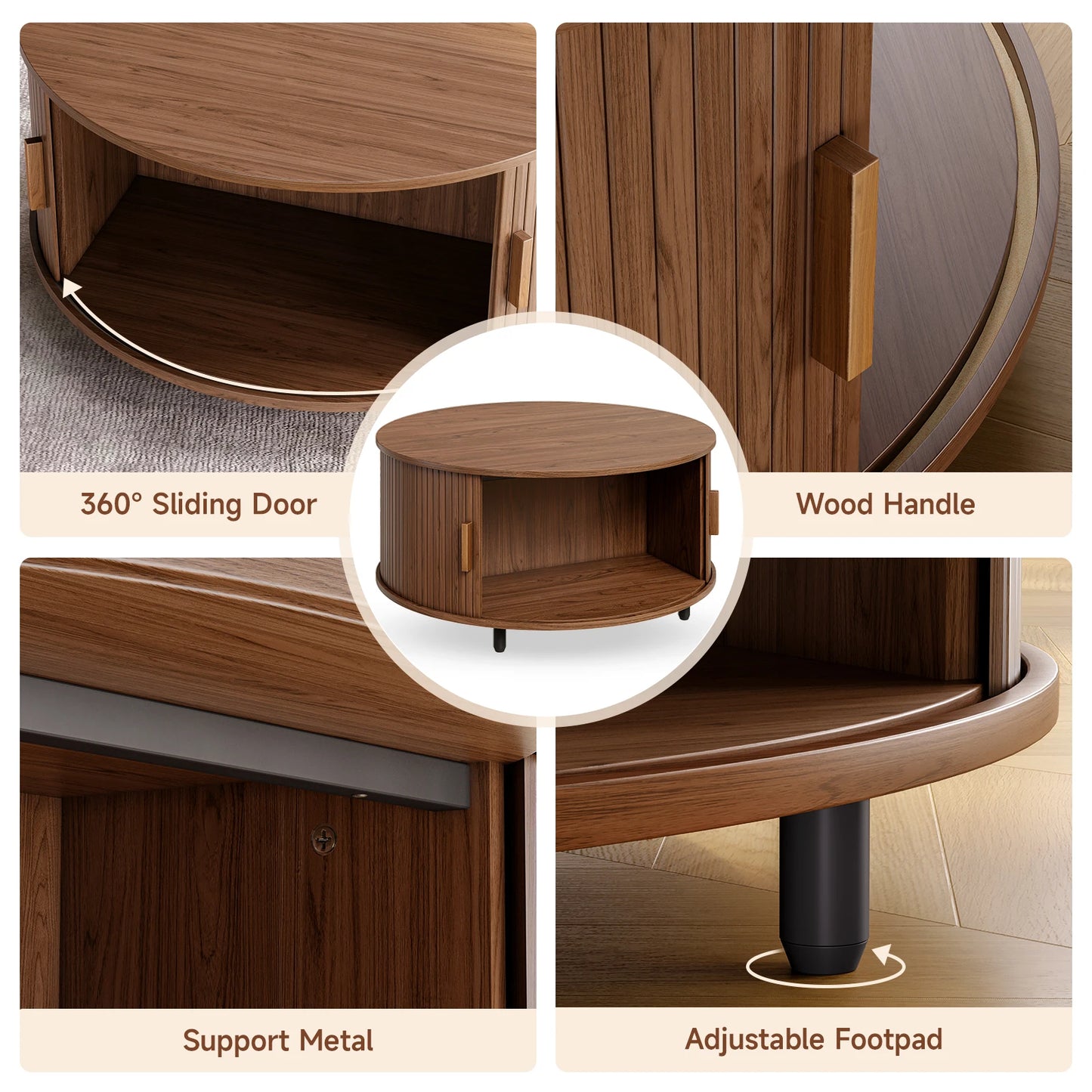 Round Coffee Table With Storage And Fluted Wood Accent