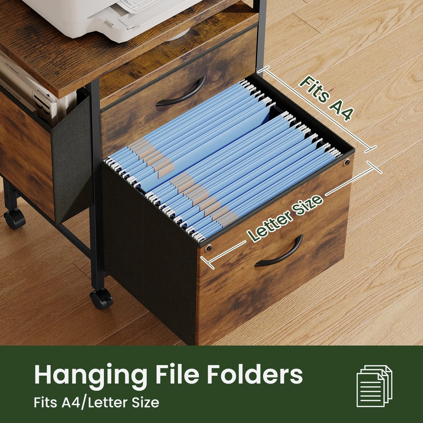 JHK Mobile File Cabinet with 2 Fabric Drawers Printer Stand with Open Shelf & Side Storage Bag Under Desk Office Storage Cabinet with Wheels Rolling Filing Cabinet for A4/Letter Size Files