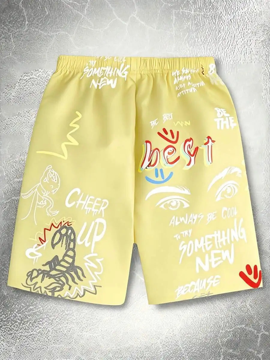 Mens Graphic Print Beach Shorts Orange Elastic Waist Swim Trunks Motivational Quote Casual Summer Wear