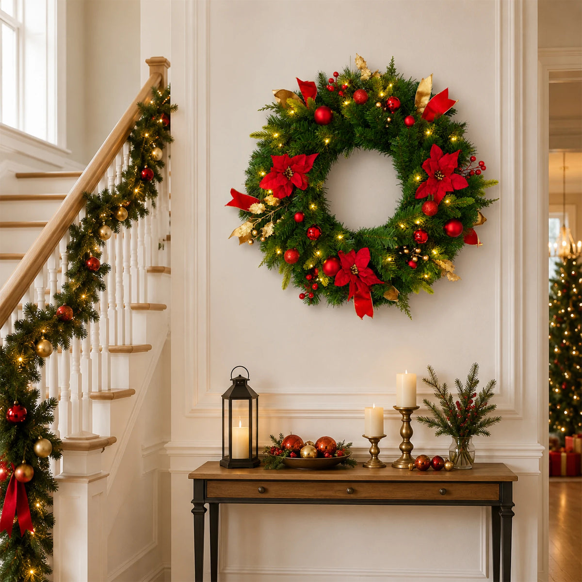 HiMiss Lighted Christmas Wreath With Timer Rustic Holiday Door Decor
