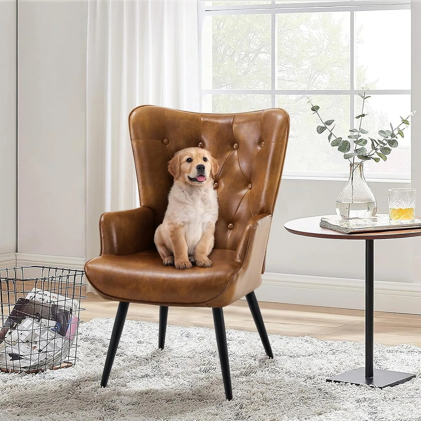 Set of 2 Mid Century Brown PU Leather Wingback Accent Chairs, High Backrest Reading Corner Armchair, Customized