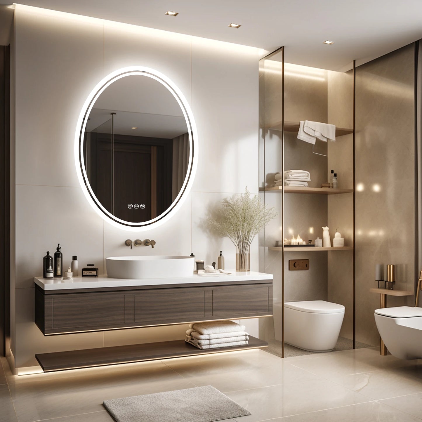 LED Round Bathroom Vanity Mirror Wall Mounted Anti Fog Dimmable