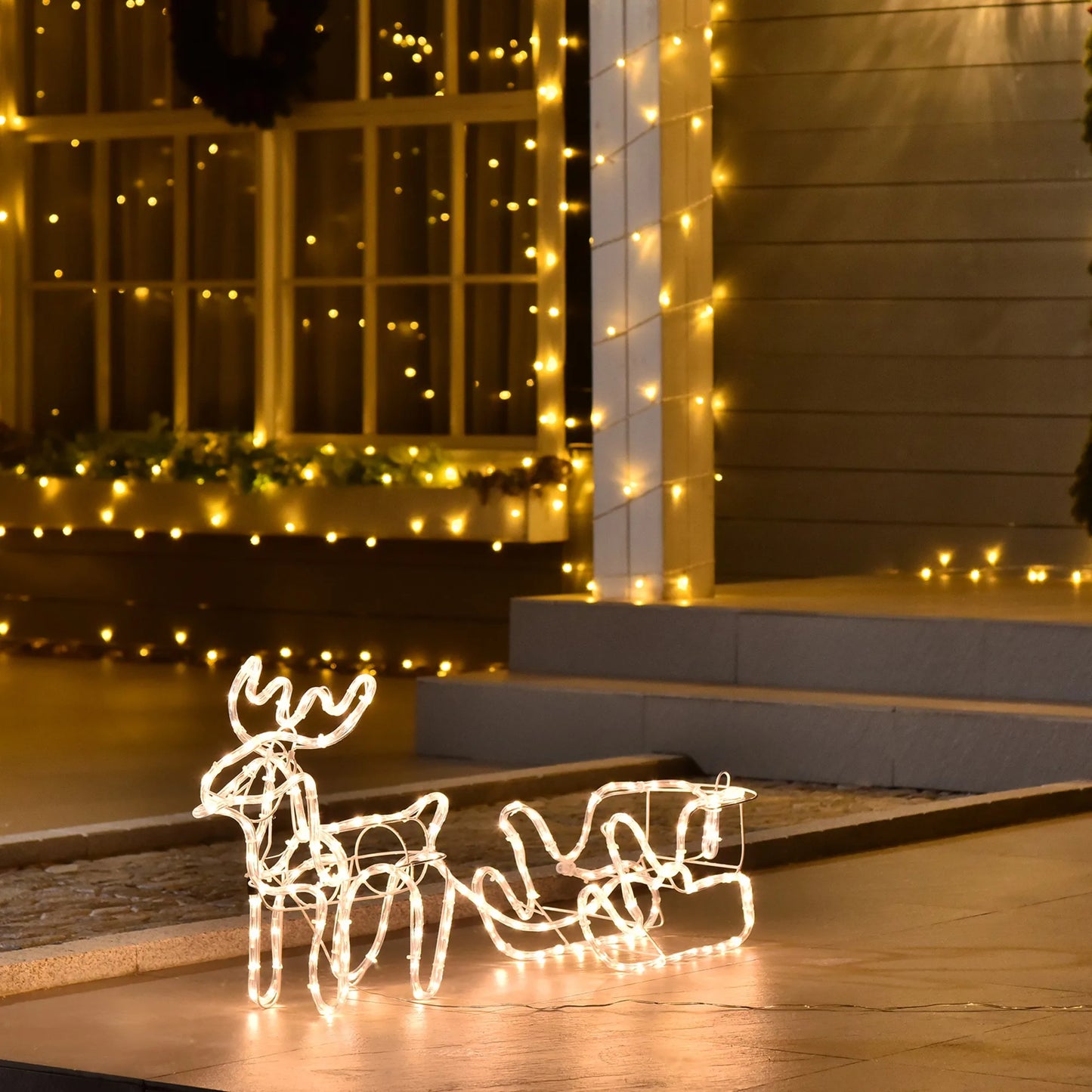Christmas Reindeer and Sleigh with LED Motif Warm White Lighting, Indoor Outdoor Steel Frame Yard Decoration