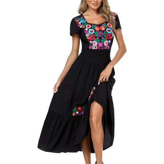 Floral Embroidered Maxi Dress For Women, Round Neck, Short Sleeve