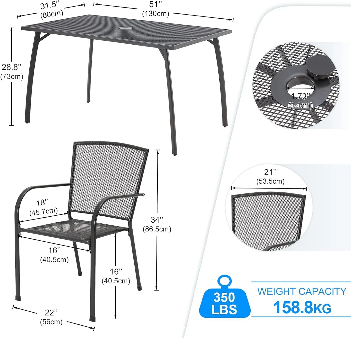 5 Piece Outdoor Table and Chair, Patio Outdoor Dining Set with 1.73" Umbrella Hole, Patio Table and Chair Set of 4 for Garden