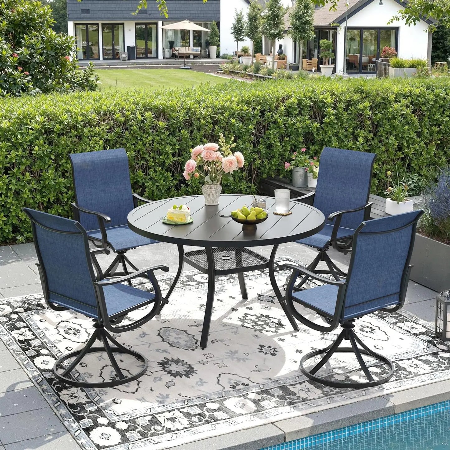 5 Pieces Outdoor Patio Dining Set, 4 Brown Textilene Swivel Dining Chairs and 40.6" Black Round Dining Table, Metal, Customized