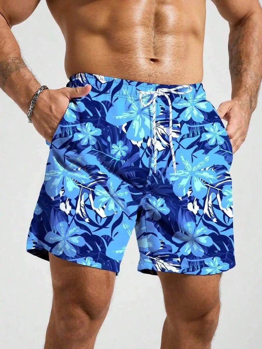 Men Floral Print Loose Fit Beach Shorts Bermuda Style Vacation Swimwear