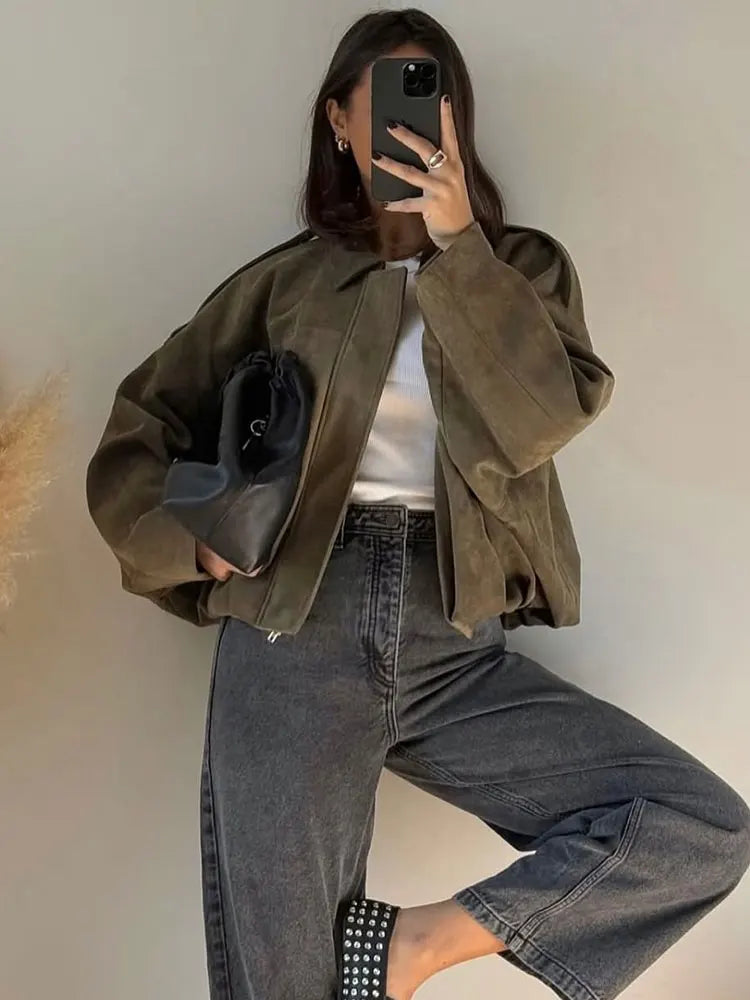 CN Jiangsu Women Suede Bomber Jacket With Zipper