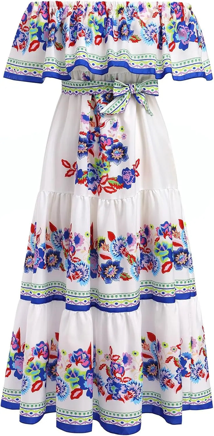 Floral Off Shoulder Maxi Dress For Women With Belt Summer Beach
