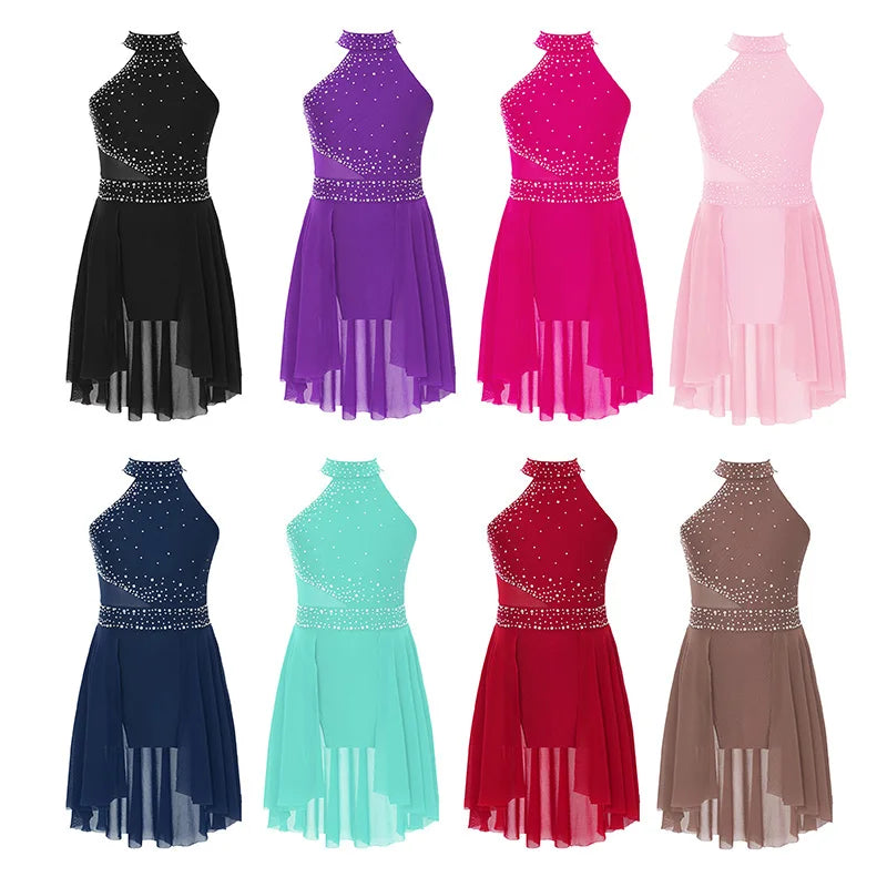 NONECN Girls Rhinestone Halter Ice Skating Dress Skirted Leotard Dancewear