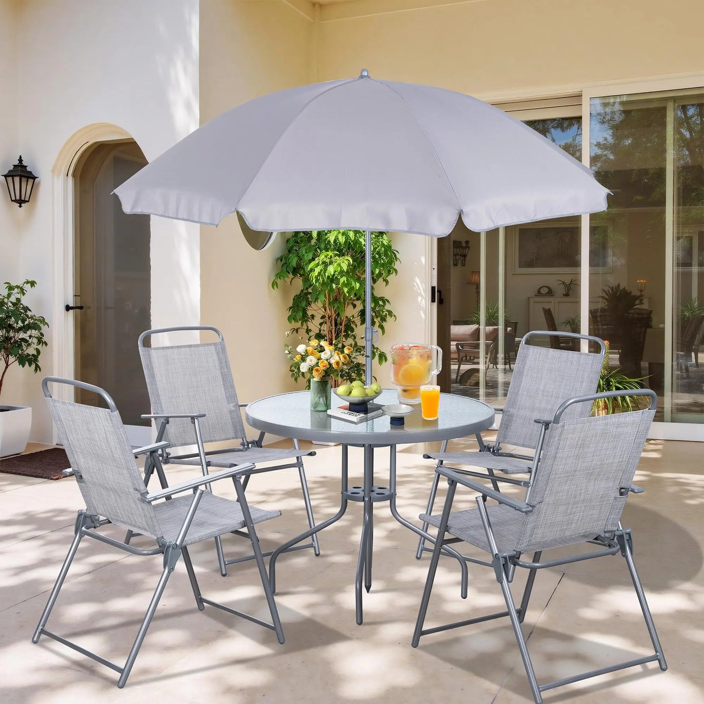 6 Piece Folding Patio Dining Set,Small Metal Outdoor Garden Patio Table and Chair Set W/Umbrella for Lawn,Deck,Backyard,Black