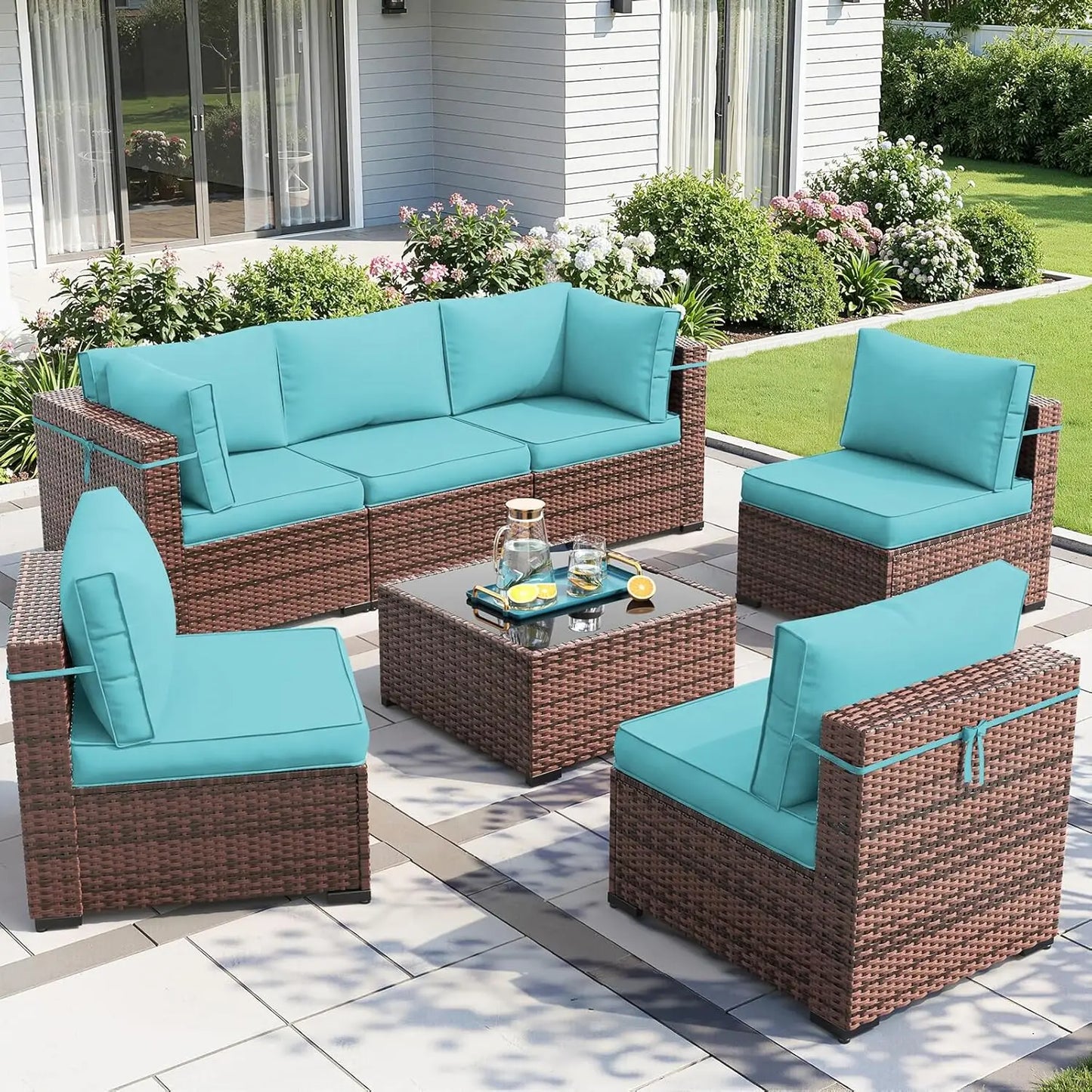 Patio Furniture Sets with Waterproof Cover, 7 Pieces Outdoor Rattan Sectional Sofa Set with Glass Table, Customized
