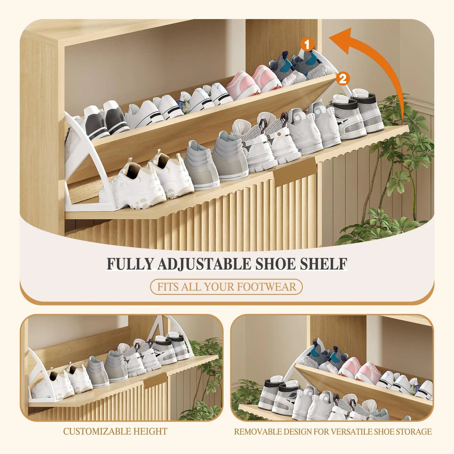 Narrow Shoe Storage Cabinet With 2 Flip Drawers, Slim Fluted Hidden Freestanding Wooden Shoe Rack For Entryway Hallway Foyer