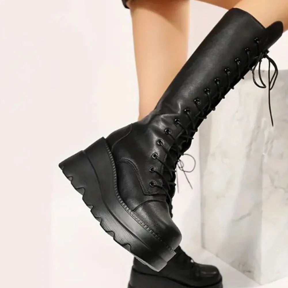 DoraTasia Gothic Lace Up Round Toe Mid Calf Boots With Side Zipper