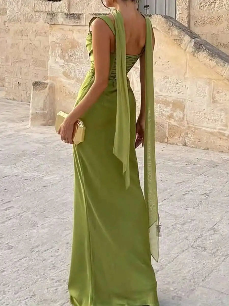 Elegant Satin Long Dress With Ribbon Strap For Women