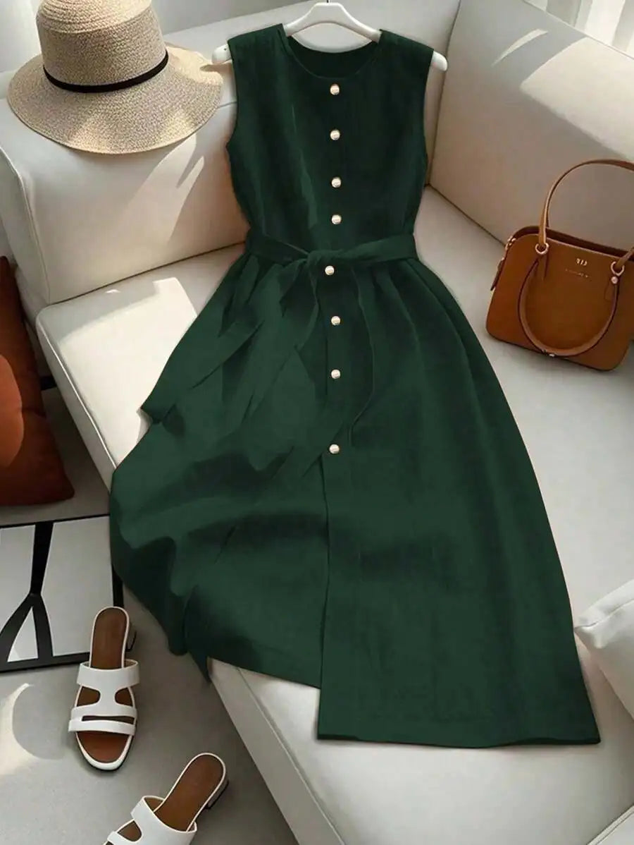 Sleeveless Single-Breasted Burgundy Casual Dress With Belt